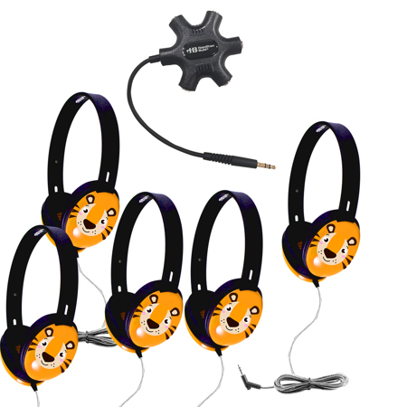 Hamilton Buhl Listening Center Pack with 5x Primo Series Tiger Face Stereo Headphones and Galaxy Jackbox