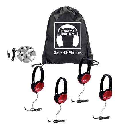 Hamilton Buhl Sack-O-Phones - 4x Primo Stereo Headphones with 3.5mm 8-Position Stereo Jackbox and Carry Bag, Red