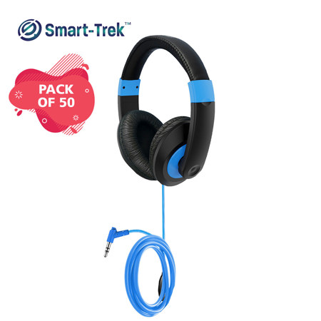 Hamilton Buhl Smart-Trek Deluxe Over-Ear 3.5mm TRS Headphones with Blue Accents, Black, 50-Pack