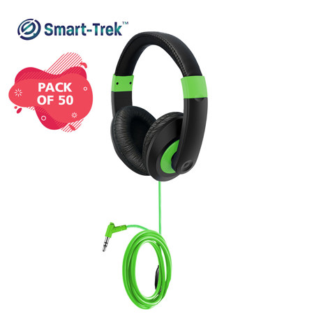Hamilton Buhl Smart-Trek Deluxe Over-Ear 3.5mm TRS Headphones with Green Accents, Black, 50-Pack