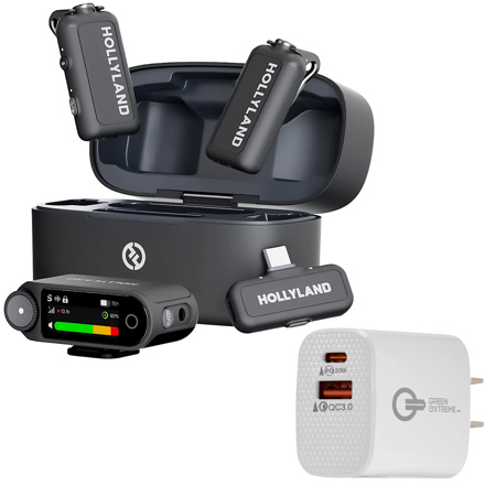 Hollyland LARK MAX 2 Combo 2.4GHz 2-Person Wireless Lavalier Microphone System, Space Gray, Bundle with 20W 2-Port USB-C/USB-A Wall Charger