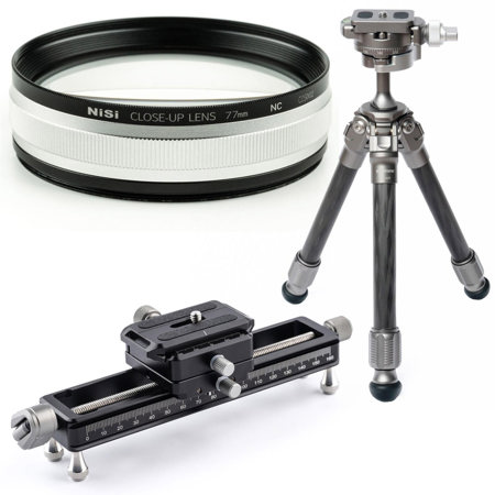 NiSi Close Up Lens Kit NC 77mm with 67 & 72mm Adapters Bundle with NiSi NM-180 Macro Focusing Rail, Explorer GX-KIT Carbon Fiber Table Top Tripod