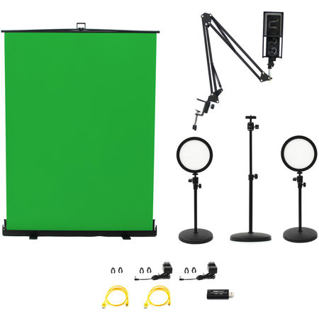 Ikan Homestream Video Kit #4 with 2x Desktop Lights, Pull-Up Green Screen & Podcast Microphone