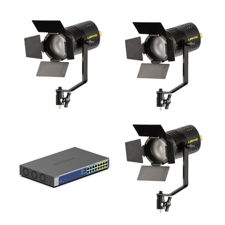 Ikan Lyra LBF60-POE 3.25" 60W Bi-Color Studio Fresnel LED 3-Light Kit with PoE++ 380W Ultra60 Unmanaged Switch