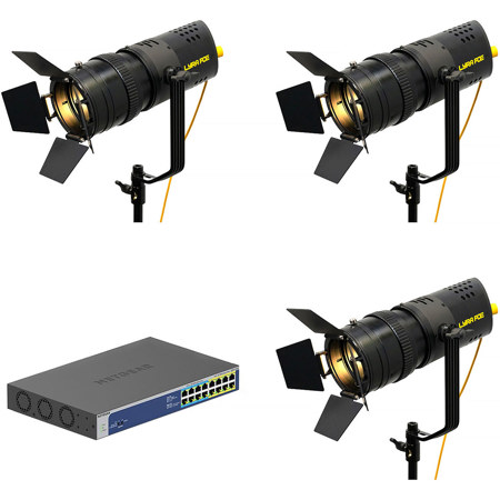 Ikan Lyra LBF60Z-POE Bi-Color LED Fresnel Zoom 3-Light Kit with Netgear PoE++ Ultra60 Unmanaged Switch