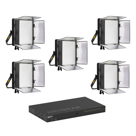 Ikan Lyra LBX10-POE 1x1 Bi-Color Studio Soft LED 5-Light Panel Kit with Netgear 8-Port PoE++ Switch