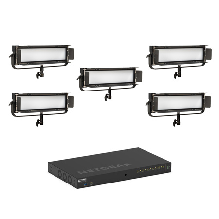 Ikan Lyra LBX8-POE Bi-Color Low Profile Studio Soft LED 5-Light Panel Kit with Netgear 8-Port PoE++ Switch