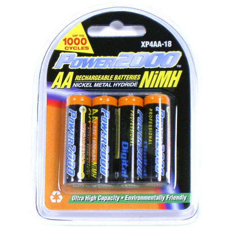 Power2000 AA Rechargeable Batts, 1.2V NiMH, 2900mAh,4Pk