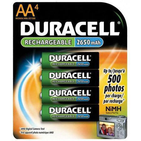 Duracell AA Rechargeable Batteries, 2650 mAh Nickel-Metal Hydride (NiMH), Pack of Four.