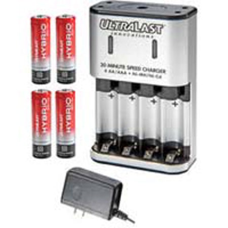 UltraLast 4 AA Hybrio 2000 mAh Rechargeable Batteries with 30 Minute Multi Voltage Charger