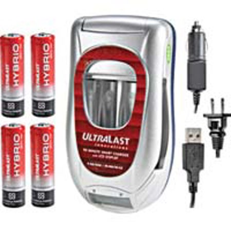 UltraLlast 4 AA Hybrio Rechargeable Batteries with 90 Minute Charger, USB Charger, DC Car Cord