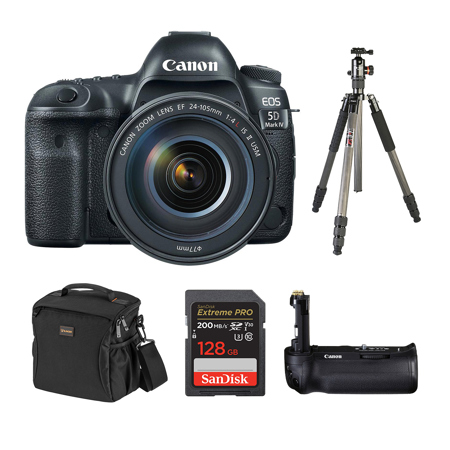 Canon EOS 5D Mark IV with EF 24-105mm f/4L IS II USM Lens - Bundle With Canon BG-E20 Battery Grip, FotoPro X-Go Max Carbon Fiber Tripod, 128GB SDXC U3 Card, Camera Case