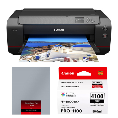 Canon imagePROGRAF PRO-1100 17" Professional Wide Format Wireless Inkjet Printer, Bundle with 17x22" Luster Photo Paper and PFI-4100 Pigment Black Ink Tank