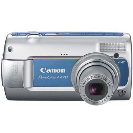 Canon Powershot A470 Digital Camera - Blue - Refurbished - with 2 GB SD Memory Card, Deluxe Carry Case, Mini Table Top Tripod, Neck Strap, Memory Card Wallet, Screen Protecters for LCD Screen, Cleaning Fluid with Cloth