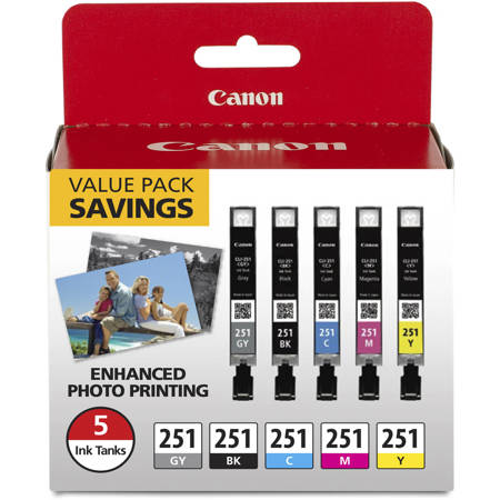 Canon CLI-251 BK/CMYG 5 Ink Color Multi Pack, Gray, Black, Cyan, Magenta, Yellow