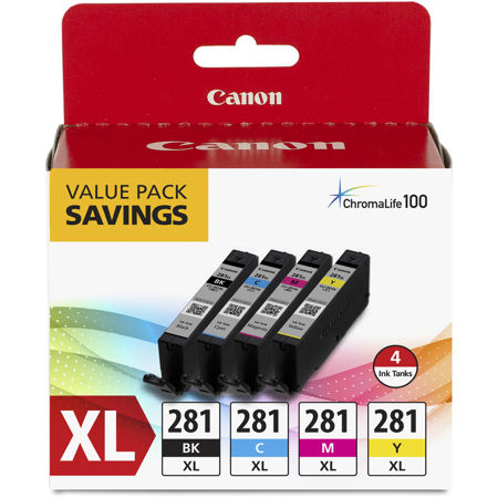 Canon CLI-281 XL BKCMY Combo 4-Pack of Black, Cyan, Magenta, and Yellow Ink Tanks for Pixma Inkjet Printers