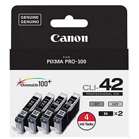 Canon CLI-42 Color 4 Ink Value Pack for PIXMA PRO-100 Printer - Includes: 2x Black Cartridges, 1x Light Gray Cartridge, 1x Gray Cartridge