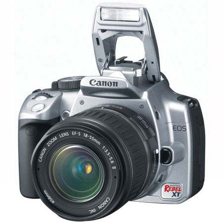 Canon EOS Rebel XT Chrome SLR Camera / Lens Kit with EFS 18-55mm f/3.5-5.6 Zoom Lens, 2 GB CF Memory Card, Spare NB-2LH Lithium-Ion Rechargeable Battery, Slinger System Bag