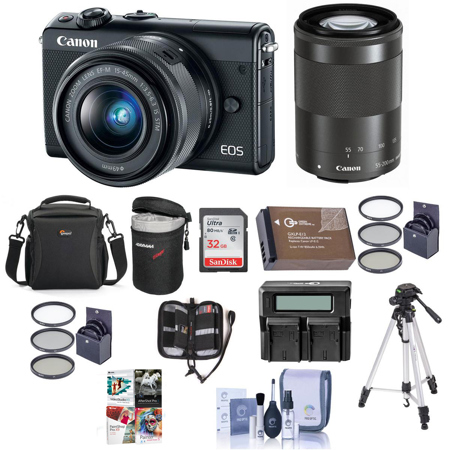 Canon EOS M100 Mirrorless with 15-45mm and 55-200mm STM Lenses, Black W/Acc Kit