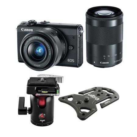Canon EOS M100 Mirrorless Camera EF-M 15-45mm & 55-200mm Lenses Black W/Plate