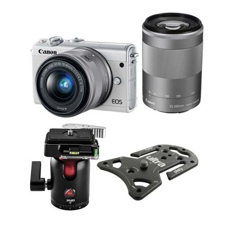 Canon EOS M100 Mirrorless Camera EF-M 15-45mm & 55-200mm Lenses White W/Plate
