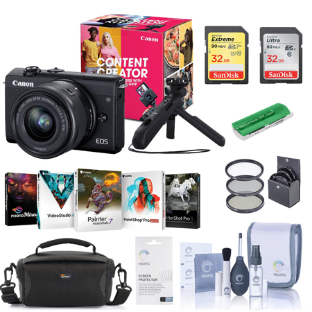 Canon EOS M200 Content Creator Kit with Tripod Grip/Remote EF-M 15-45mm  IS STM Lens, Black Bundle With Camera Case, 32GB SDHC Card,  49mm