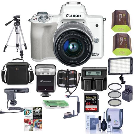 Canon EOS M50 Mirrorless Camera with 15-45mm STM Lens, White With Pro Acc Bundle