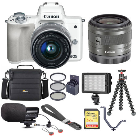 Canon EOS M50 Mirrorless Camera with 15-45mm STM Lens, White With Accessory KIT