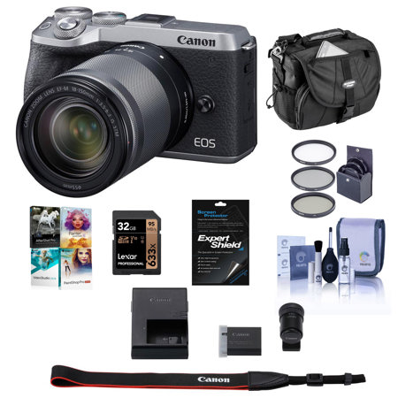 Canon EOS M6 Mark II Mirrorless Camera, 18-150mm Lens, EVF-DC2 Silver W/Free Acc