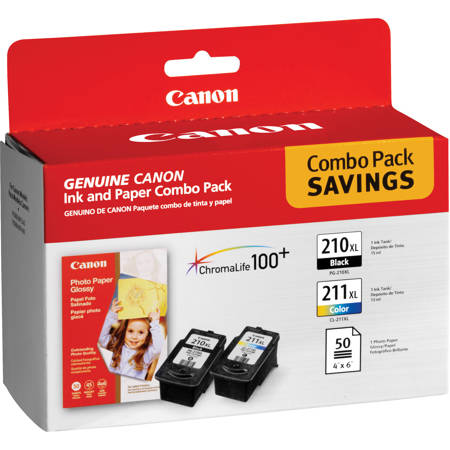 Canon Combo Value Pack with PG210XL Extra Large Black Inkjet Cartridge, CL211XL Extra Large Color Inkjet Cartridge for Select PIXMA iP, MP, MX Series Printers, 50 Sheets of 4x6" Photopaper