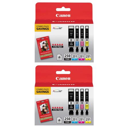 Canon 2 Pack PGI-250 and CLI-251 4-Cartridge Combo Pack, Includes Photo Paper Plus Glossy II, CLI-251C, CLI-251Y and CLI-251M Ink Tank, PGI-250PGBK Black Ink Tank for Select PIXMA Printers