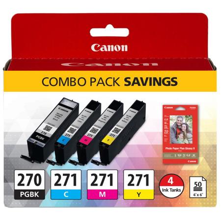 Canon PGI-270/CLI-271 CMY Combo Pack with PP-201 4x6" 50 Sheet Glossy Paper for PIXMA MG, TS Series Printers