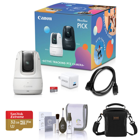 Canon PowerShot PICK 11.7MP Full HD 3x Zoom PTZ Camera Kit, White Bundle with 32GB microSD Card, Shoulder Bag, Cleaning Kit