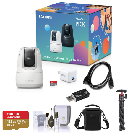Canon PowerShot PICK 11.7MP Full HD 3x Zoom PTZ Camera Kit, White Bundle with 32GB microSD Card, Tripod, Shoulder Bag, Cleaning Kit, Card Reader