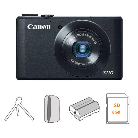 Canon PowerShot S110 Camera Bundle w/8GB Card, Bag, Spare Battery, Table Tripod