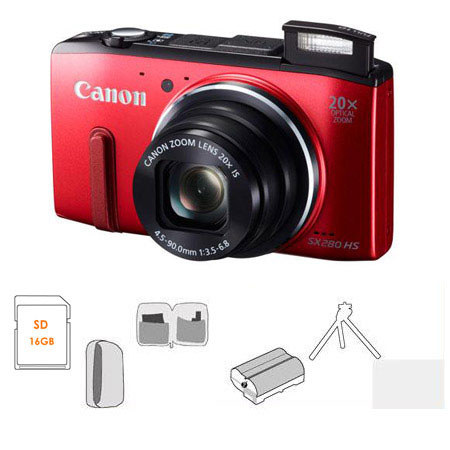 Canon PowerShot SX280 HS Digital Camera, Red - Bundle B (See Details)