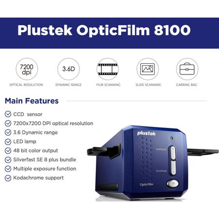Plustek OpticFilm 8100 - 35mm Negative Film & Slide Scanner with 7200 DPI and 48-bit output, Bundle Silverfast SE Plus 8.8, Supports Mac and PC