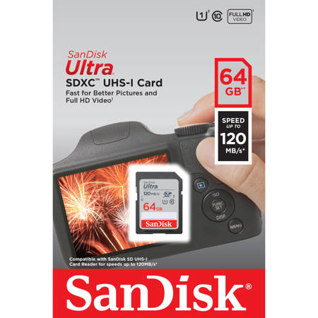 SanDisk 64GB Ultra UHS-I Class 10 U1 SDXC Memory Card, 120MB/s