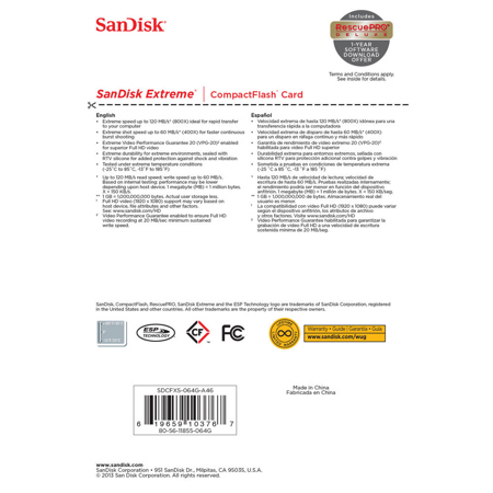 SanDisk 64GB Extreme Compact Flash Memory Card SDCFXS-064G-A46