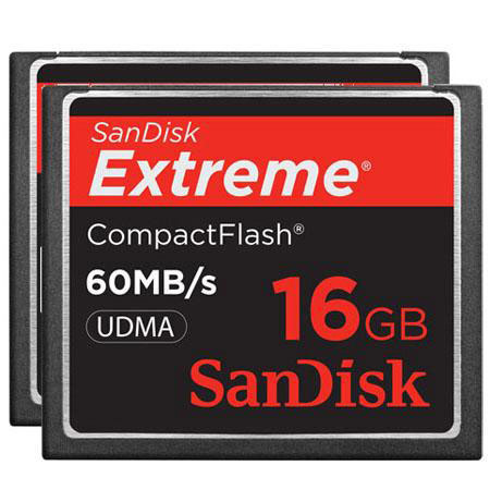 SanDisk 16GB Extreme Compact Flash Memory Card - Up to 60MB/S Read/Write, UDMA Enabled Pack of 2 Cards - Bundle - with Memory Card Holder