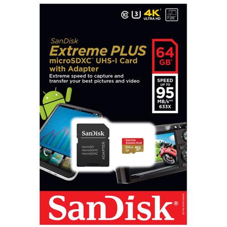 SanDisk Extreme PLUS 64GB Class 10 U3 microSDHC UHS-I Card with Adapter
