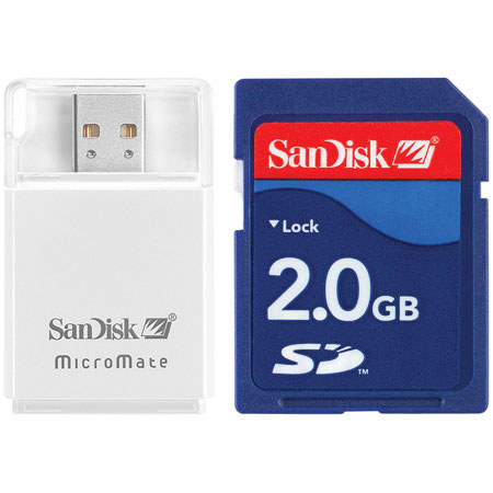 SanDisk 2 GB Secure Digital (SD) Memory Card with MicroMate Reader Bundle.