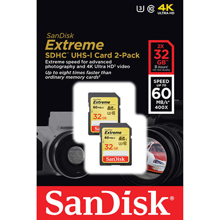 SanDisk 32GB Extreme Class 10 UHS-I U3 SDHC Memory Card (2 pack)