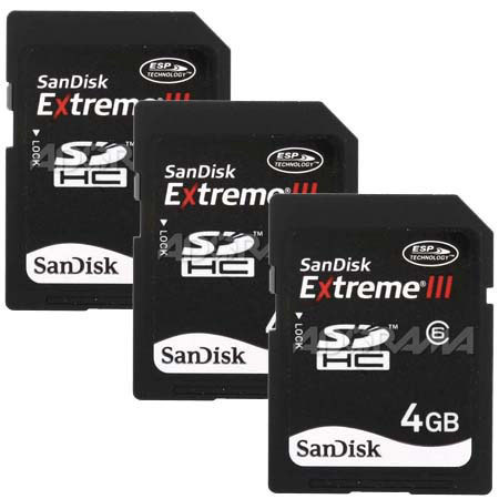 SanDisk 4GB, Extreme III SDHC Memory Card - Pack of 3