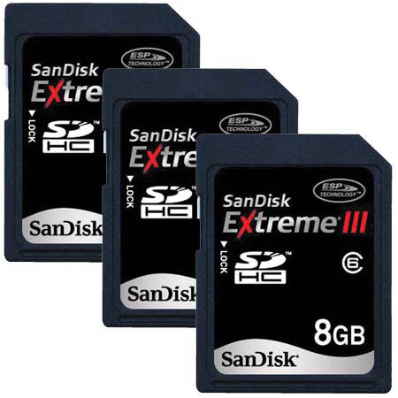 SanDisk 3XSDSDRX38192A21 8GB Ext III SDHC Mmry Crd, 3pk