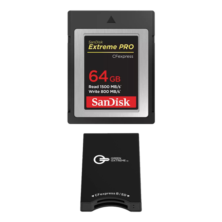 SanDisk Extreme PRO 64GB CFexpress Type-B Memory Card, Bundle with Green Extreme Dual-Slot Memory Card Reader