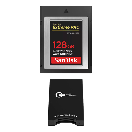 SanDisk Extreme PRO 128GB CFexpress Type-B Memory Card, Bundle with Green Extreme Dual-Slot Memory Card Reader