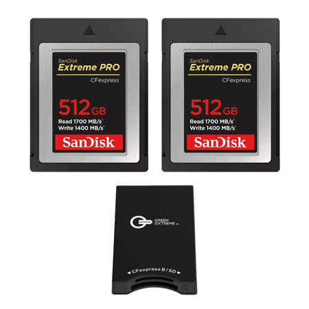 SanDisk Extreme PRO 512GB CFexpress Type-B Memory Card, 2-Pack, Bundle with Green Extreme Dual-Slot Memory Card Reader