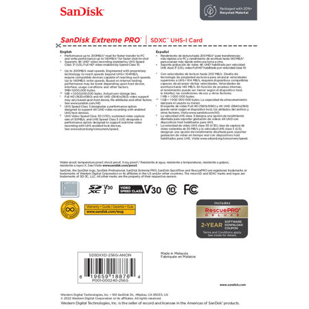 SanDisk Extreme PRO 256GB UHS-I U3 SDXC Memory Card SDSDXXD-256G-ANCIN