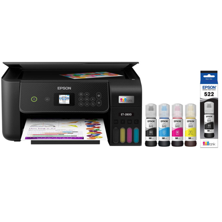 Epson EcoTank ET-2800 Wireless All-In-One Cartridge-Free Supertank Color Inkjet Printer, Black with T522 Black Ink Bottle